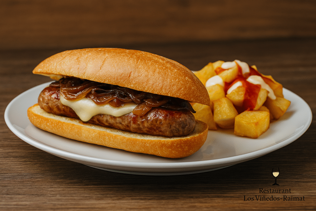 Bocadillo de longaniza con queso fundido, cebolla caramelizada y patatas bravas en Restaurante Los Viñedos-Raimat
