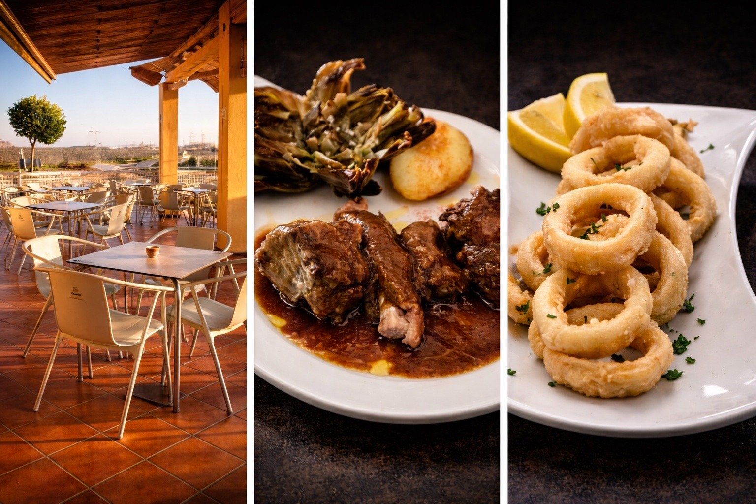Terraza y platos de Restaurant Los Viñedos en Raimat